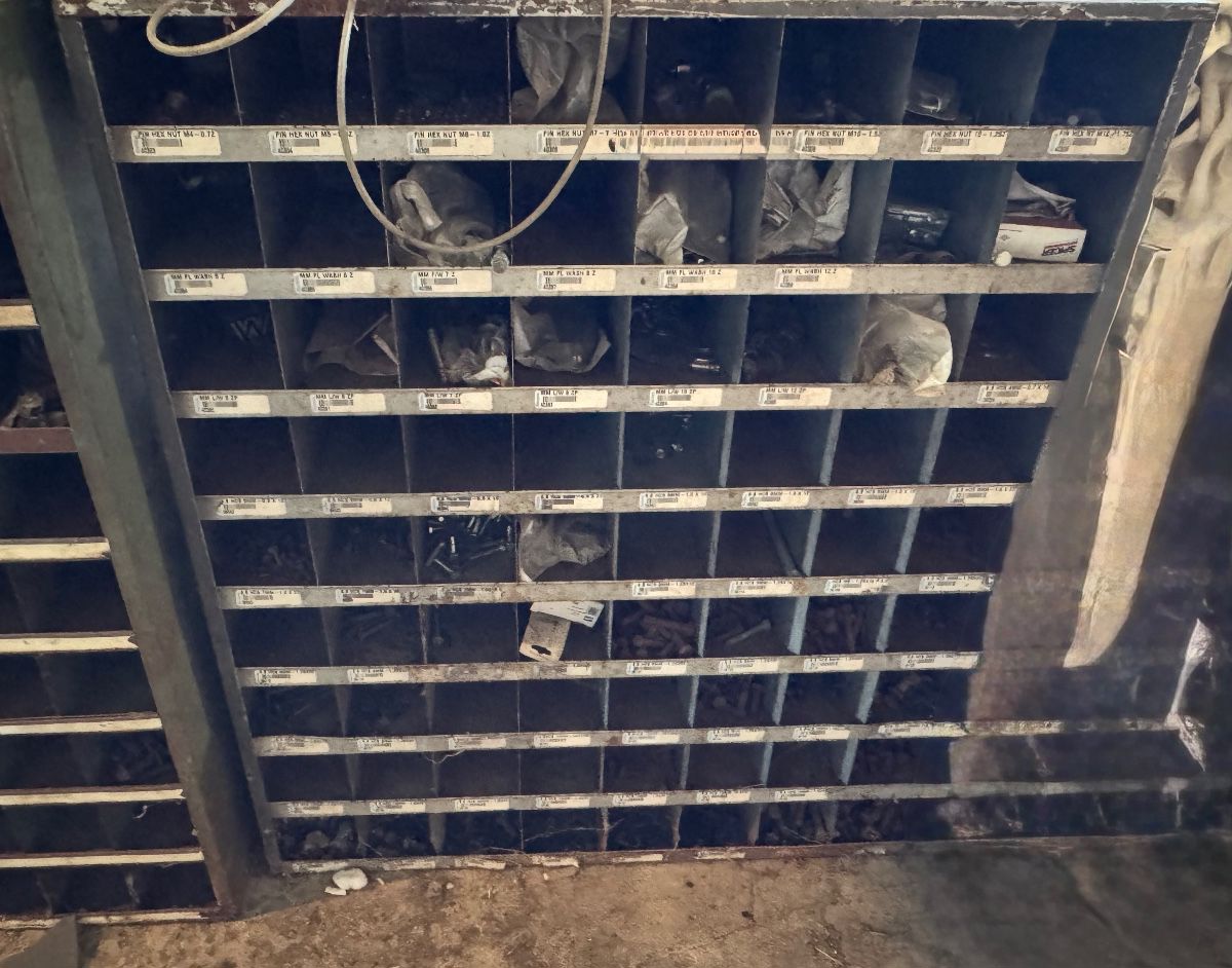 Bolt and nut bin with contents 
