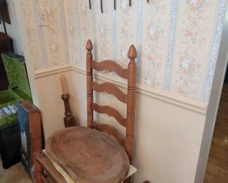 Dough bowl. Ladder back chair. Old milk bottles in crate