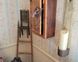 Primitive milk can, ladder, cabinet, etc