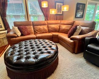 Natuzzi brown leather sectional recliner and huge tufted ottoman with fringe skirt