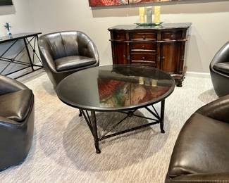 Set of 4 leather swivel chairs, coffee table and credenza cabinet