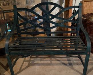 Vintage Metal Garden Bench with Geometric Lattice Back
