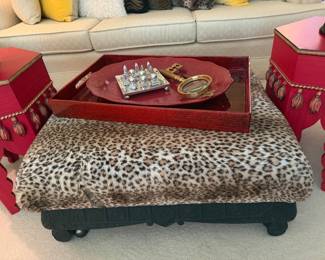 Hollywood Regency Style Leopard Print Ottoman and Red Lacquer Tray Set