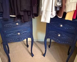 Vintage French Provincial Style Navy Blue Nightstands with Gold Accents
