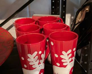 Set of 6 Red Ceramic Reindeer Christmas Mugs
