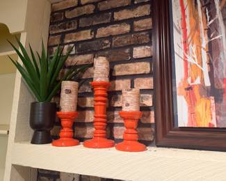 Set of Three Orange Turned-Wood Candlesticks