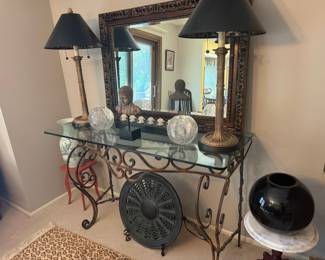 Ornate Wrought Iron and Glass Console Table
