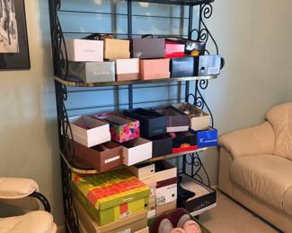 Wrought Iron and Brass Baker's Rack with Shoe Boxes
