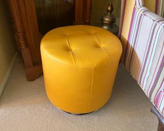 Yellow Tufted Round Ottoman with Metallic Base