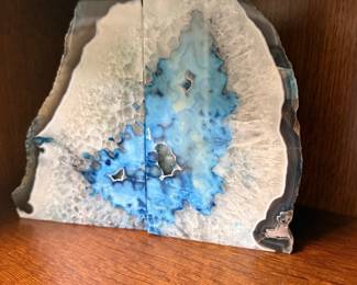 Dyed Blue Agate Geode Bookends with Gold Edge