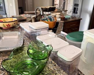 Vintage Viking Glass Epic Line Green Console Bowl and Candle Holder Set