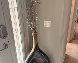 Modernist Ceramic Floor Vase with Open Center and Decorative Floral Arrangement