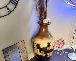 Large Rustic Farmhouse Ceramic Floor Vase with Decorative Botanicals