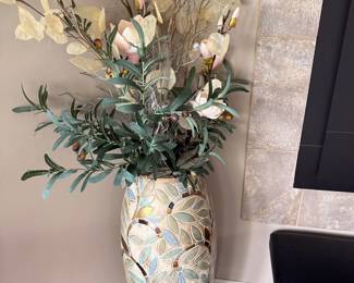Mosaic Leaf and Vine Pattern Floor Vase with Faux Olive Arrangement