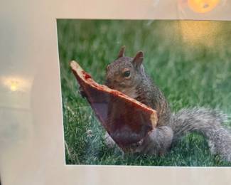 A squirrel eating pizza- framed and ready to grace your dining area!