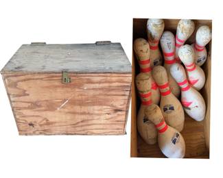 Wooden Crate with Bowling Pins