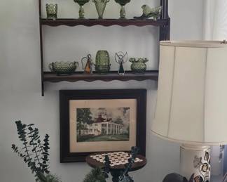 Fenton glass, gorgeous lamp (2), round end table, and decor.