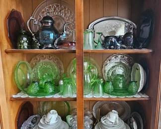 Silver, green depression glass (nearly 100 pieces for sale), and China set.
