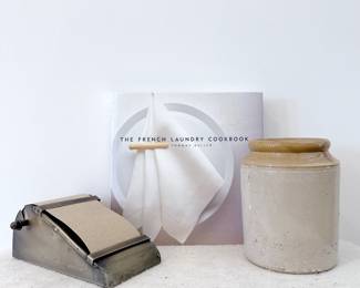 Vintage Two-Tone Salt-Glazed Stoneware Crock  - Antique Style Brass Desktop Kraft Paper Roll Note Dispenser - The French Laundry Cookbook by Thomas Keller