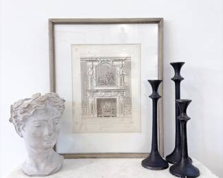 Vintage framed architectural fireplace elevation drawing - Anthropologie Grecian Bust Planter - Set of 3 Crate & Barrel Emmett Bronze Taper Candle Holders