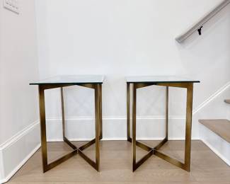 Pair of Modern Brass & Glass Top Accent Side Tables 