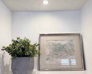 Framed vintage-style cartographic map print & faux plant