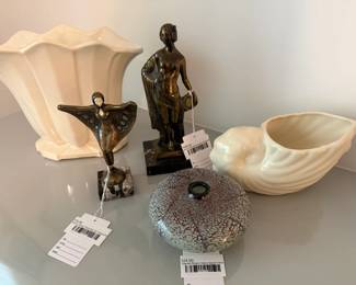 Signed Brown Glass Squat Vase, Josef Lorenzi-Style bat Girl Statuette, Bronze Art Deco Dancer Statuette 