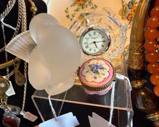 Crystal Clock, Lalique Moineau Hardi Bird, Limoges Shell Trinket Box