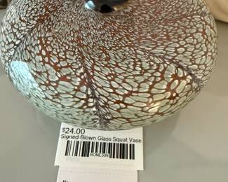 Signed Blown Glass Squat Vase 