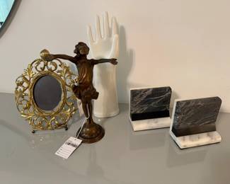 Regency Brass Standing Frame, Porcelain Hand Sculpture, "The Good Fairy" Statuette  