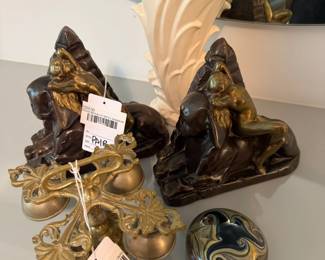 Quadruple Brass Altar Bells, Bronze Woman on Sphinx Bookends 