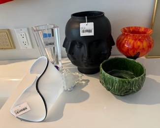Fornasetti Style Face Vase, Kosta Boda B. Vallieu Vase, Art Glass Shell Sculpture