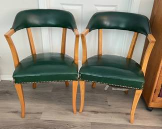 Pair Of Vintage Green Leather Game Table Chairs With Rivet Detail