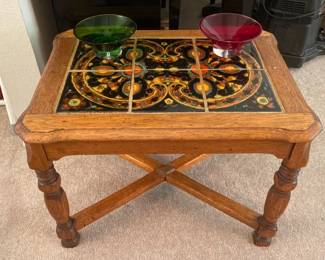 Tiled Side Table with Glass Bowls