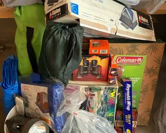 Huge Camping Lot With Alpine Tent Tarps Coleman Table Gas Grill Binoculars More