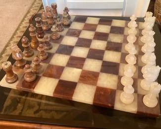 Large Brown and White Chess Set in Marble and OnyxLike Style