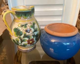 Hand Painted Pitcher with Blue Planter Both Made In Italy