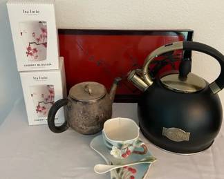 Susteas Stove Top Whistling Tea Pot Pewter Teapot Tea Infusers Tray Garden Party Cup Saucer