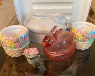 Pink Glass Bunny Dish with Ceramic Planters M Bastin Trinket Box and WCL Ceramic Bunny Tureen