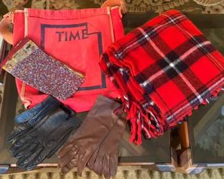 Leather Gloves with Vintage Time Tote Bag Faribo Blanket and Scarf