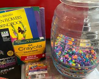 Large Jar Of Colorful Beads For Crafting With Colored Pencils Crayons Coloring Books