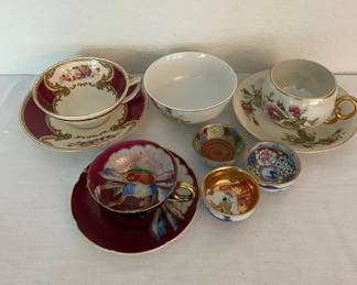 Vintage China Tea Cups In Floral Patterns With Three Saki Cups