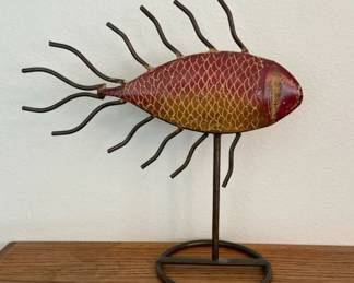 Iron Red Fish Sculpture Ceramic Metal On Stand