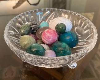Collection of Polished Stone Eggs in Glass Candy Dish