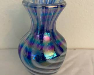 Iridescent Blue Clear White Swirl Handblown Vase