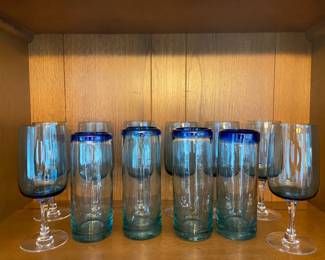 4 Mexican Hand Blown Drinking Glasses 8 Blue Tulip Wine Glasses