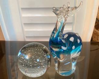 Large Glass Paperweight with Blue Glass Deer