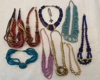 Blue Brown and Brasstone Beaded Statement Necklaces