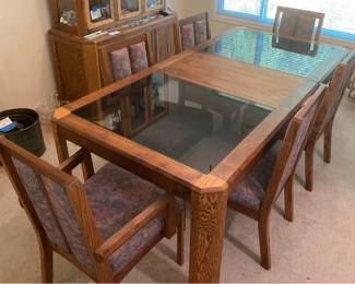 Glass Top Dining Table with Removable Leaf and 6 Upholstered Chairs
