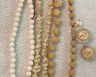 Carved Beaded Necklaces With Elephant Clip On Earrings